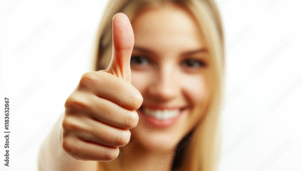 A young woman with long blonde hair smiles broadly while giving a thumbs up, creating an atmosphere of joy and support. Her warm expression invites connection and positivity. Generative AI A young woman with long blonde hair smiles broadly while giving a thumbs up, creating an atmosphere of joy and support. Her warm expression invites connection and positivity. Generative AI
