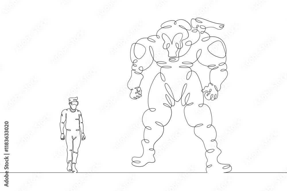 Fototapeta premium A young man controls a large robot using a virtual reality helmet . Robotics and programming. One continuous drawing line logo single hand drawn art doodle isolated minimal illustration.