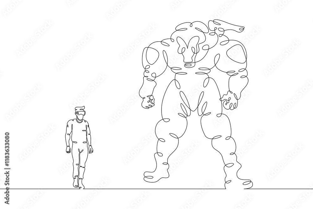 Fototapeta premium A young man controls a large robot using a virtual reality helmet . Robotics and programming. One continuous drawing line logo single hand drawn art doodle isolated minimal illustration.