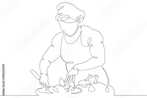 Woman chef prepares food in the restaurant kitchen. Chef cook in uniform.One continuous drawing line  logo single hand drawn art doodle isolated minimal illustration.