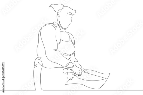 Woman chef prepares food in the restaurant kitchen. Chef cook in uniform.One continuous drawing line  logo single hand drawn art doodle isolated minimal illustration.