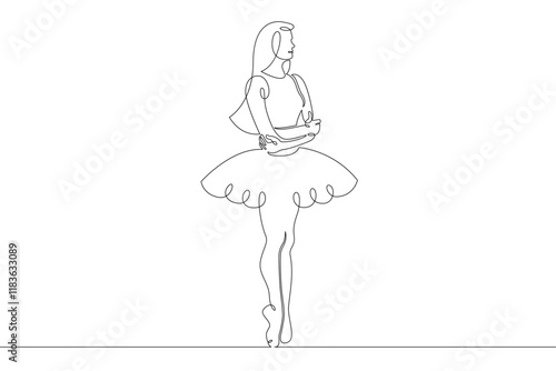 Young dancer ballerina in a costume, stands on pointe shoes. Chef cook in uniform.One continuous drawing line  logo single hand drawn art doodle isolated minimal illustration.