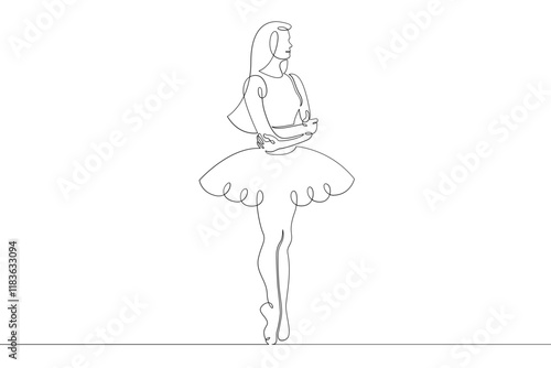 Young dancer ballerina in a costume, stands on pointe shoes. Chef cook in uniform.One continuous drawing line  logo single hand drawn art doodle isolated minimal illustration.