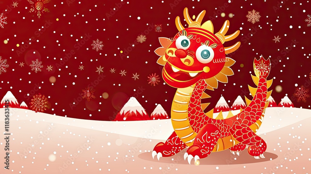 Obraz premium A cheerful red dragon in a snowy landscape, symbolizing celebration and joy.