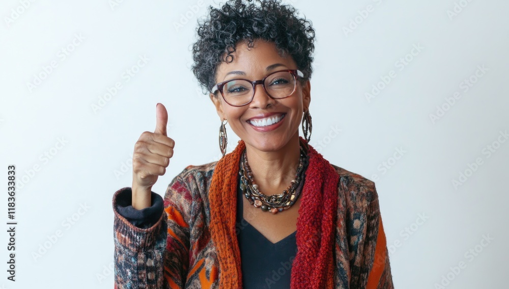 A joyful woman with curly hair expresses happiness by giving a thumbs up. Dressed in a colorful sweater, she stands against a bright background, exuding warmth and charm. Generative AI A joyful woman with curly hair expresses happiness by giving a thumbs up. Dressed in a colorful sweater, she stands against a bright background, exuding warmth and charm. Generative AI