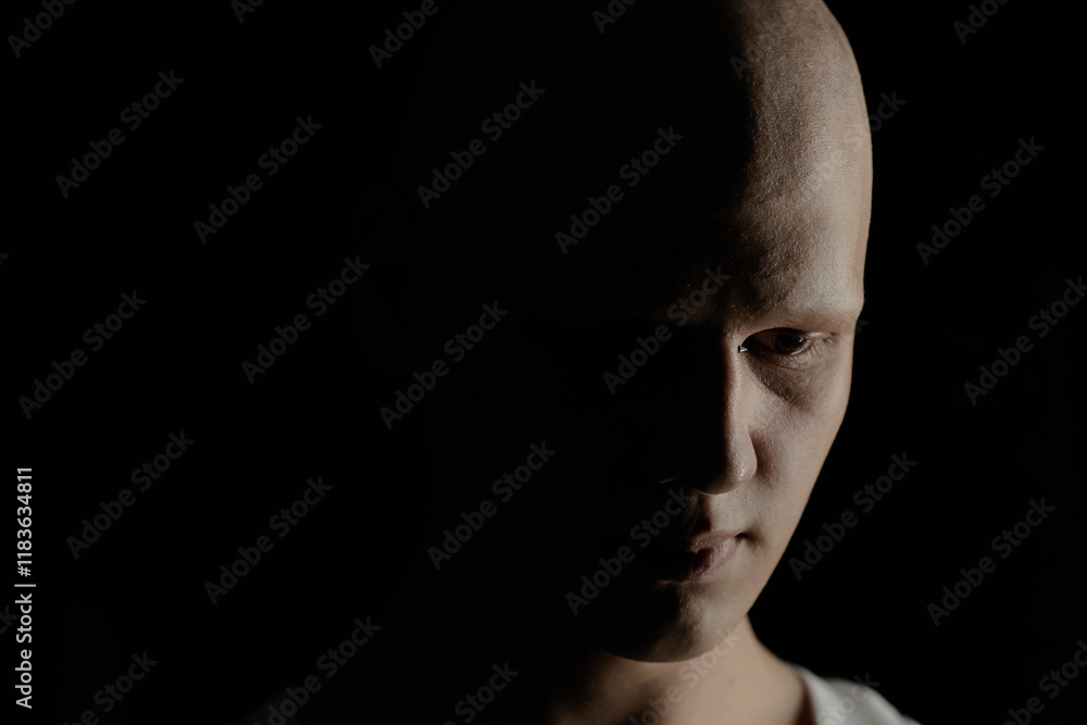 Portrait of sorrowful man with bridge piercing looking down in despair hiding half of face in deep dark shadow, copy space Portrait of sorrowful man with bridge piercing looking down in despair hiding half of face in deep dark shadow, copy space