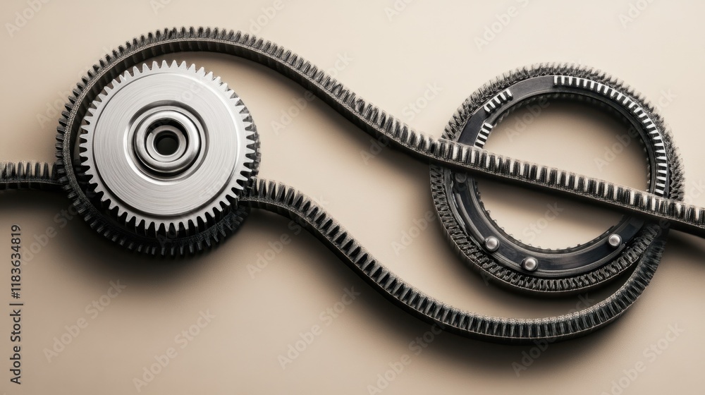 A car engine timing belt on a neutral beige background, showcasing its intricate design A car engine timing belt on a neutral beige background, showcasing its intricate design