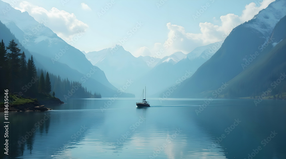A serene landscape of a mountain lake with a boat. A serene landscape of a mountain lake with a boat.