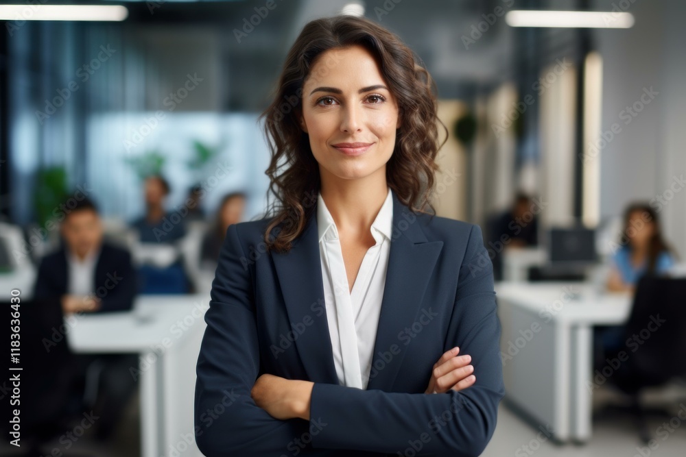 Portrait of a smiling businesswoman standing with arms crossed in a busy office, exuding confidence and professionalism Portrait of a smiling businesswoman standing with arms crossed in a busy office, exuding confidence and professionalism