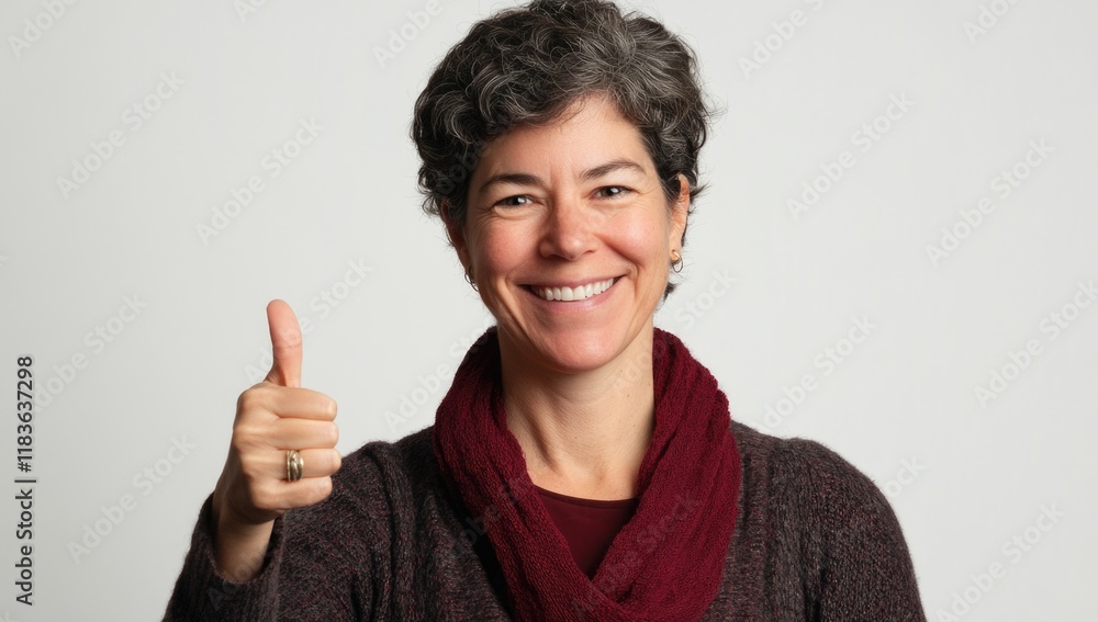 A cheerful woman with short, curly hair dressed in a warm sweater and scarf smiles broadly while giving a thumbs up. Her expression radiates confidence and friendliness, encouraging upliftment. A cheerful woman with short, curly hair dressed in a warm sweater and scarf smiles broadly while giving a thumbs up. Her expression radiates confidence and friendliness, encouraging upliftment.