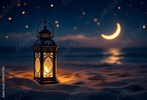 Wallpaper Mural Ramadan greeting poster image, Beautiful lantern lamp on the beach with crescent moon on the night sky, 2025 Ramadan Kareem and Eid Mubarak photography Torontodigital.ca