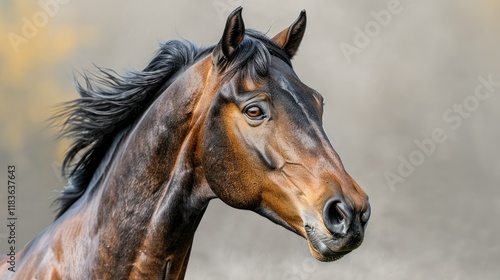 A close-up portrait of a majestic horse with a flowing mane against a blurred background.