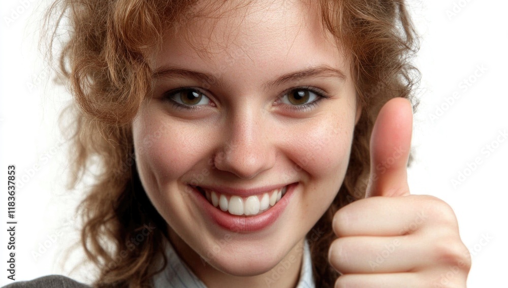 A cheerful young woman expresses joy and positivity with a thumbs up gesture, surrounded by soft, natural light in a warm indoor environment. Her curly hair frames her radiant smile. Generative AI A cheerful young woman expresses joy and positivity with a thumbs up gesture, surrounded by soft, natural light in a warm indoor environment. Her curly hair frames her radiant smile. Generative AI