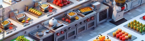 a culinary laboratory from a birds-eye viewpoint Show robotic sous chefs elegantly preparing vibrant dishes with a color palette reminiscent of a luscious fruit orchard - think ric photo