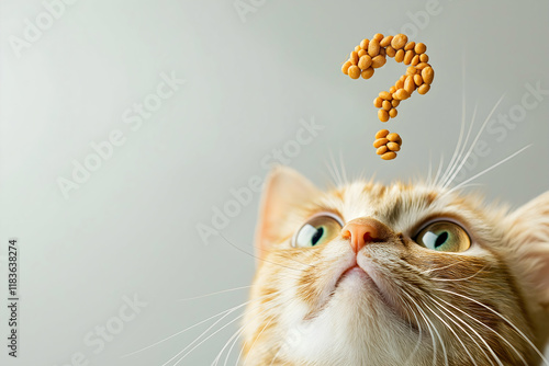 A curious cat gazes upwards with a question mark formed by floating cat food above its head.