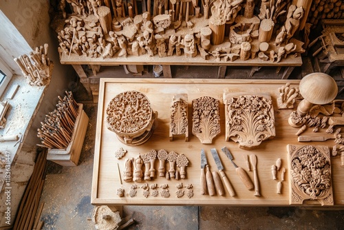 Intricate Wooden Carvings In A Woodworking Studio photo