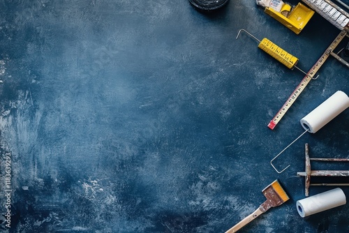 Assorted Painting And Measuring Tools On Dark Blue Surface photo