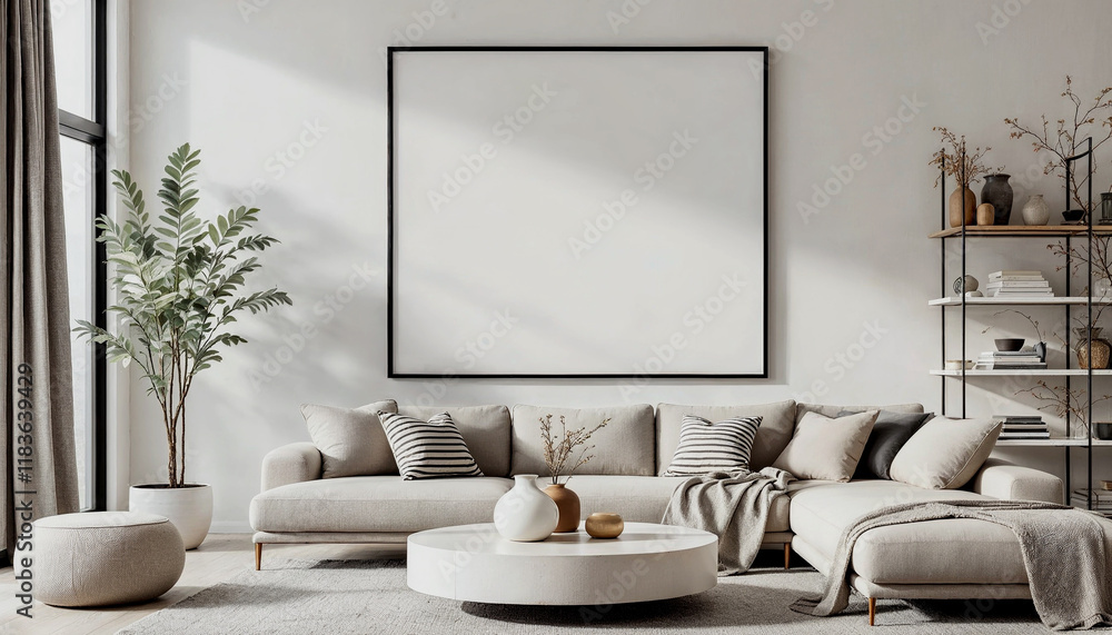 Modern Living Room with Blank Canvas and Greenery Modern Living Room with Blank Canvas and Greenery