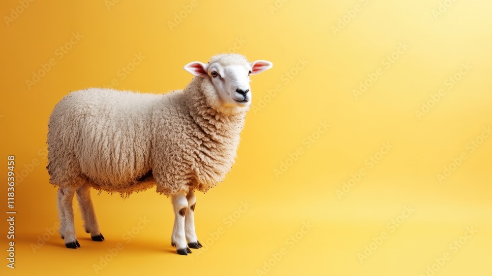 Obraz premium A fluffy white sheep grazing on a bright yellow background, symbolizing simplicity and calm