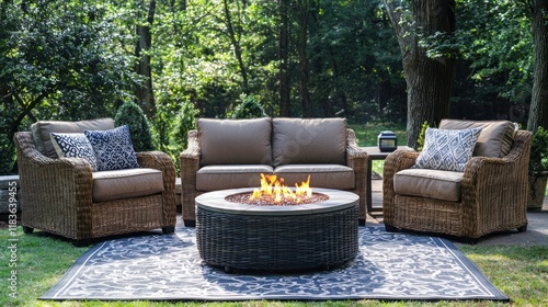 Casual backyard hangout with outdoor furniture and a fire pit. photo