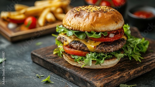 A delicious burger with lettuce, tomato, and cheese on a clean background. photo