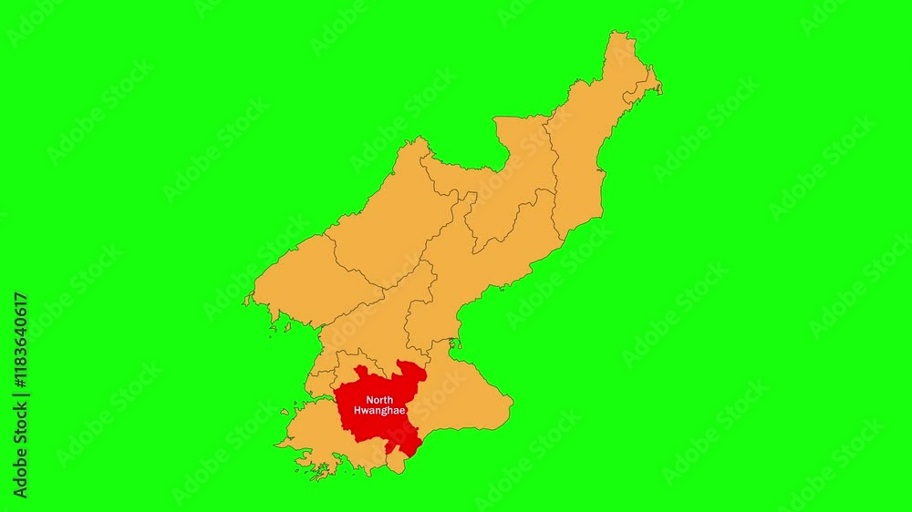 North Hwanghae map animated video. The location is highlighted on the North Korea map. Colour map with Green screen background in video format. North Hwanghae map animated video. The location is highlighted on the North Korea map. Colour map with Green screen background in video format.