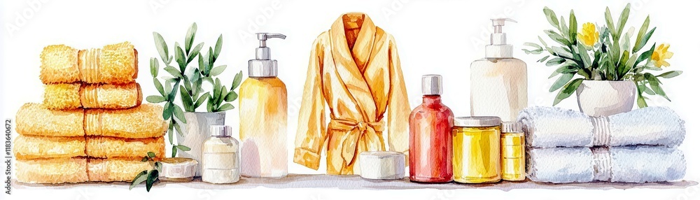Cozy Home Spa Setting with Soft Towels, Bathrobe, Bottles, Jars, and Fresh Flowers for Relaxation and Self-Care Retreat at Home in Elegant Watercolor Style Cozy Home Spa Setting with Soft Towels, Bathrobe, Bottles, Jars, and Fresh Flowers for Relaxation and Self-Care Retreat at Home in Elegant Watercolor Style