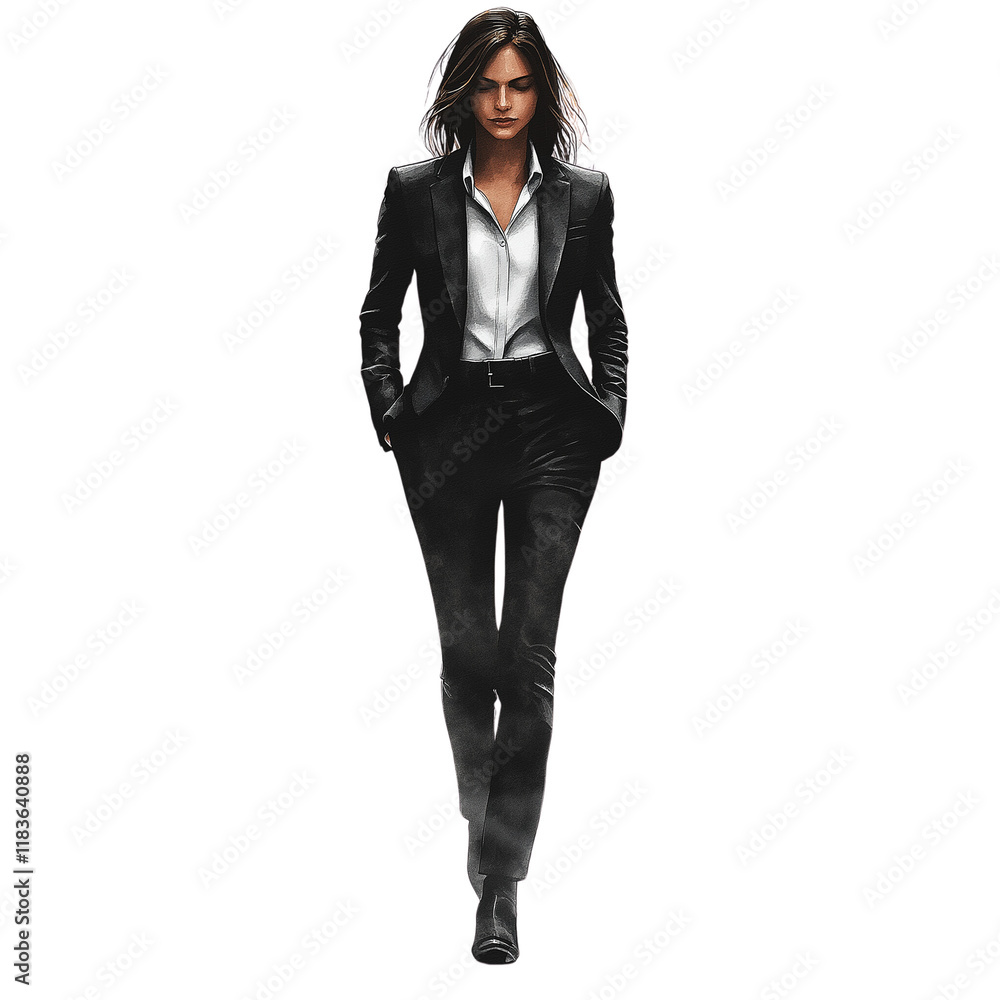 Confident and Powerful: A woman in a sleek black suit strides forward with purpose and determination, her confident gaze and posture exuding strength and authority. Confident and Powerful: A woman in a sleek black suit strides forward with purpose and determination, her confident gaze and posture exuding strength and authority.