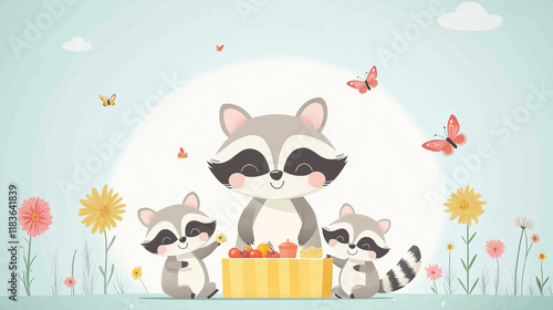 Happy Raccoon Family Picnic