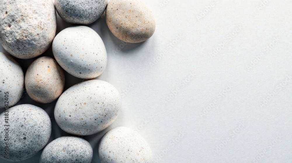 A cluster of speckled stones arranged on a light gray surface, creating a minimalist and serene composition with ample copy space for text or design elements. A cluster of speckled stones arranged on a light gray surface, creating a minimalist and serene composition with ample copy space for text or design elements.