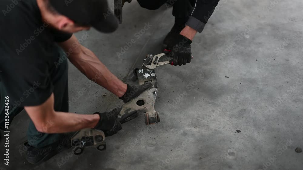 Two mechanics working together in a garage using tools to repair a car part. They are wearing gloves and are focused on their work. Two mechanics working together in a garage using tools to repair a car part. They are wearing gloves and are focused on their work.