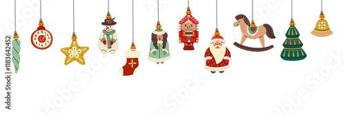 banner Christmas balls. Soviet toys. banner for decorating a Christmas tree, Christmas balls on a white background. Santa Claus, snow Maiden, nutcracker. holiday decoration template. Horizon