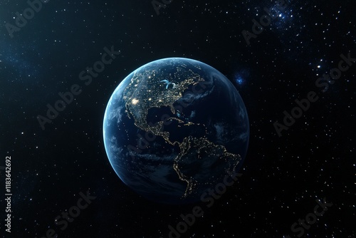 A majestic view of Earth in space with its illuminated continents glowing against the dark starry galaxy. The visible landmasses and bright city lights reflect human civilization from orbit photo