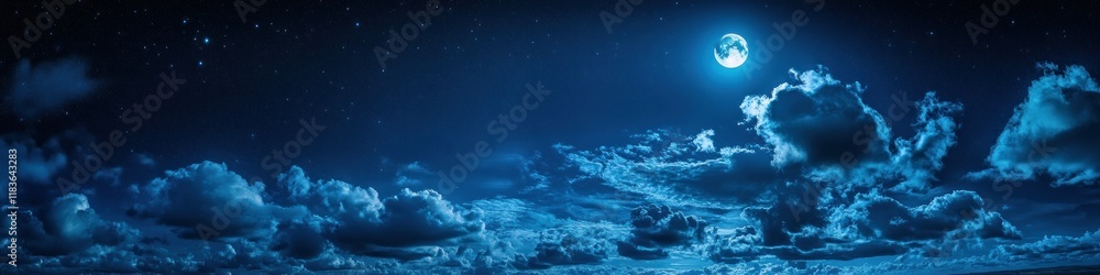 A panoramic night sky featuring a glowing full moon surrounded by fluffy clouds in deep blue hues. The serene atmosphere and twinkling stars above create a tranquil, dreamlike composition A panoramic night sky featuring a glowing full moon surrounded by fluffy clouds in deep blue hues. The serene atmosphere and twinkling stars above create a tranquil, dreamlike composition