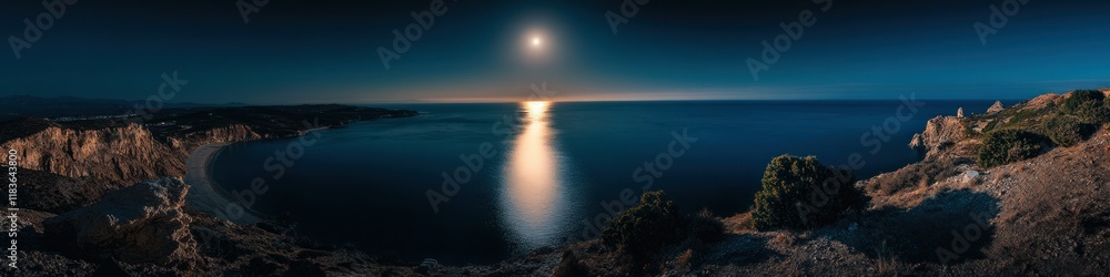 Fototapeta premium A panoramic view of a moonlit coastline under a dark sky. The moon's reflection stretches across the calm sea, glowing softly as cliffs and distant hills frame the serene and magical composition
