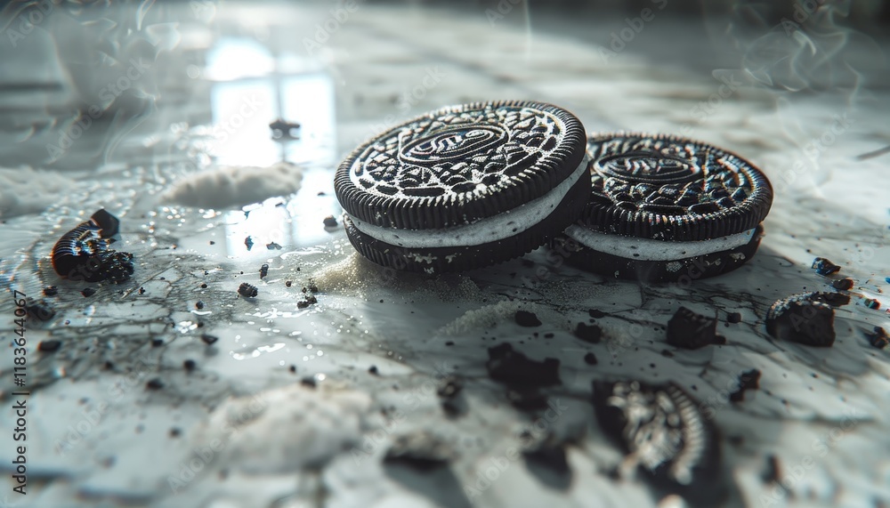 Two Oreo cookies with white cream filling on a white marble surface with crumbs scattered around. Two Oreo cookies with white cream filling on a white marble surface with crumbs scattered around.