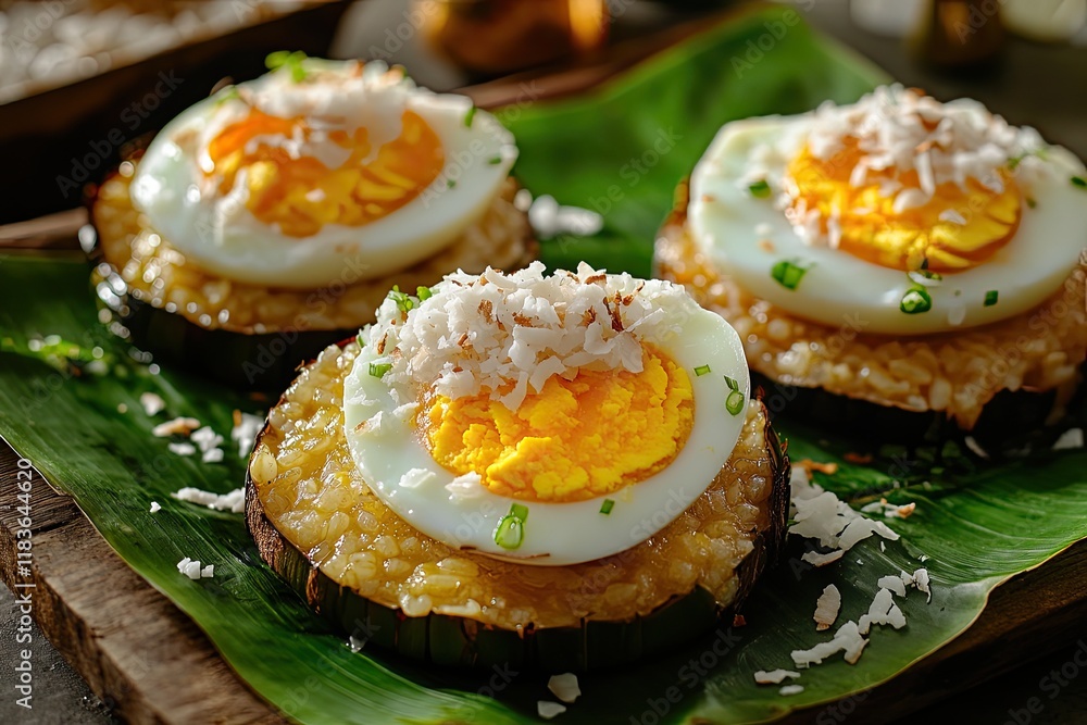 Delicious dish featuring rice cakes topped with soft-boiled eggs Delicious dish featuring rice cakes topped with soft-boiled eggs