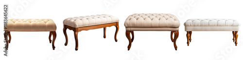 A collection of exquisite and ornate antique inspired tufted footrests benches and ottomans showcasing classic elegance and luxurious comfort for sophisticated home interior design and photo