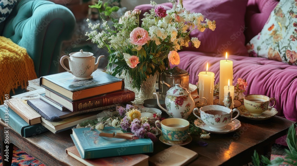 Fototapeta premium Cozy living room scene with vintage table, books, flowers, and s