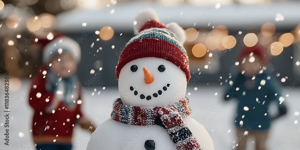 Fototapeta premium A cheerful snowman stands in the foreground, surrounded by falling snow, with two children playing in the background, creating a festive winter scene.