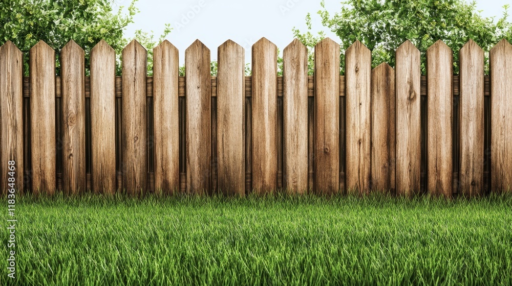 Fototapeta premium Freshly mowed green grass with a rustic wooden fence in the background, evoking serenity