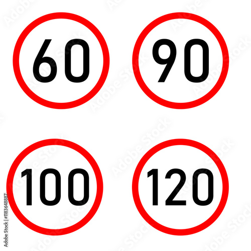 Speed limit sign icon set. 60 to 120 km car speed limit sign set. Vector illustration