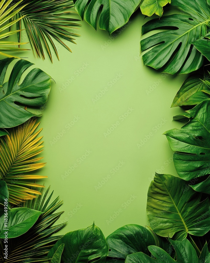 Lush green tropical leaves framing a vibrant backdrop Lush green tropical leaves framing a vibrant backdrop