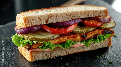 Layered sandwich with vibrant vegetables, showcasing fresh ingre photo