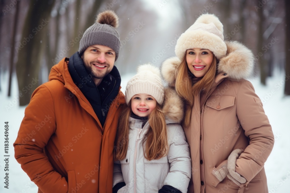 Smiling family wearing warm winter clothes enjoying a walk in snowy park Smiling family wearing warm winter clothes enjoying a walk in snowy park