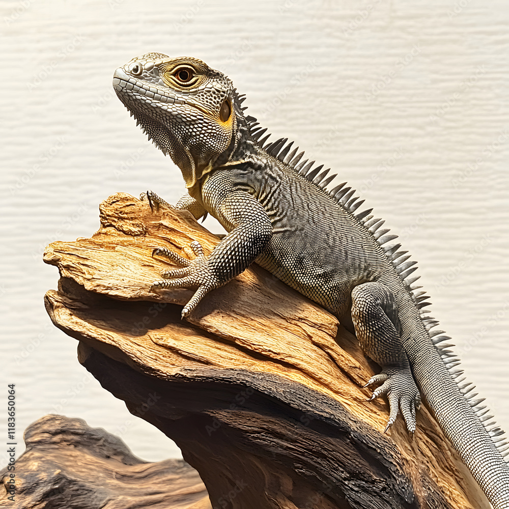 Fototapeta premium black spiny tailed iguana perched on textured wooden log, showcasing its unique scales and spines. reptile vibrant colors and intricate details create captivating scene