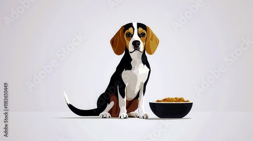 Cute Beagle Dog Illustration Sitting Next to Food Bowl on a Minimalist Background Ideal for Pet Lovers and Animal Enthusiasts photo