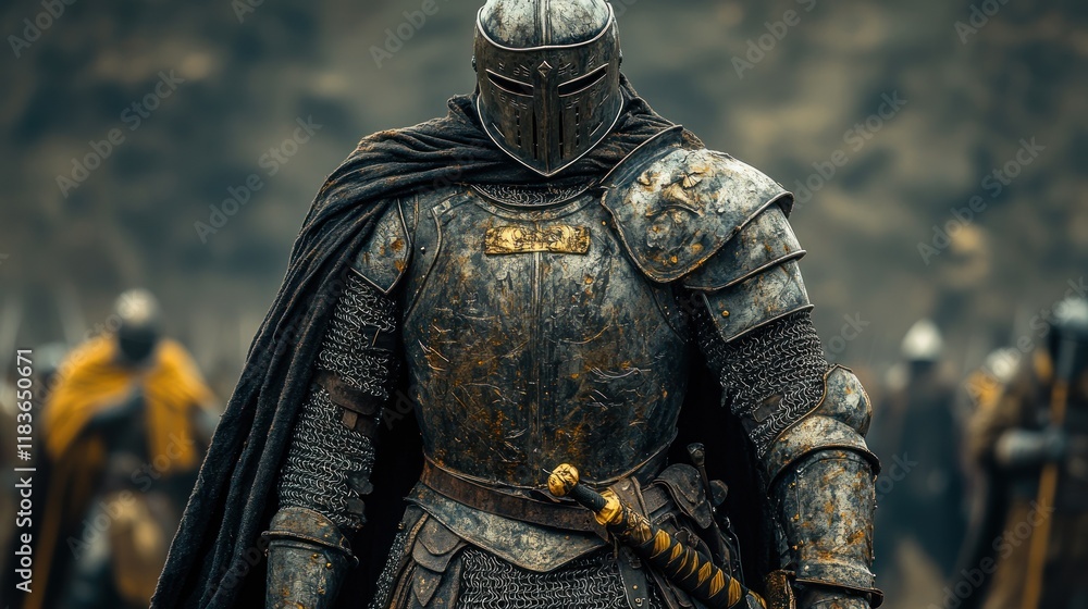 Medieval warrior in full plate armor, leading a battle. Medieval warrior in full plate armor, leading a battle.