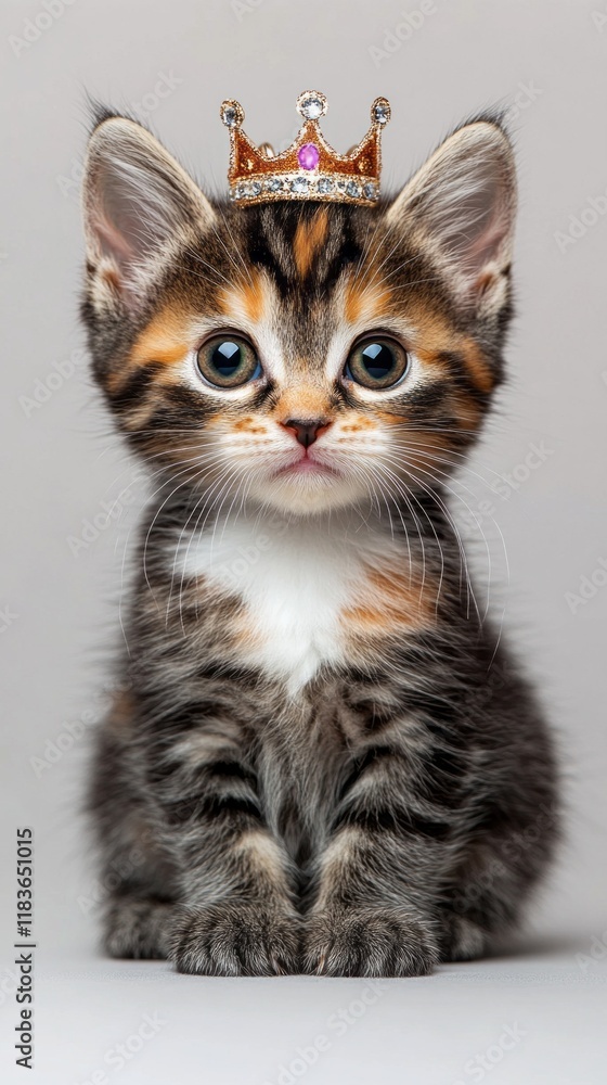 Obraz premium A small kitten with a regal crown sits gracefully, showcasing its vibrant fur and expressive eyes. This adorable feline radiates charm and playful spirit in a beautifully lit atmosphere