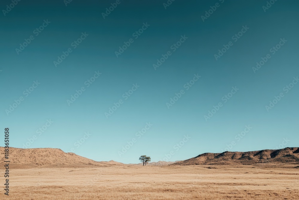 Fototapeta premium Vast desert landscape with lone tree against clear blue sky, evo